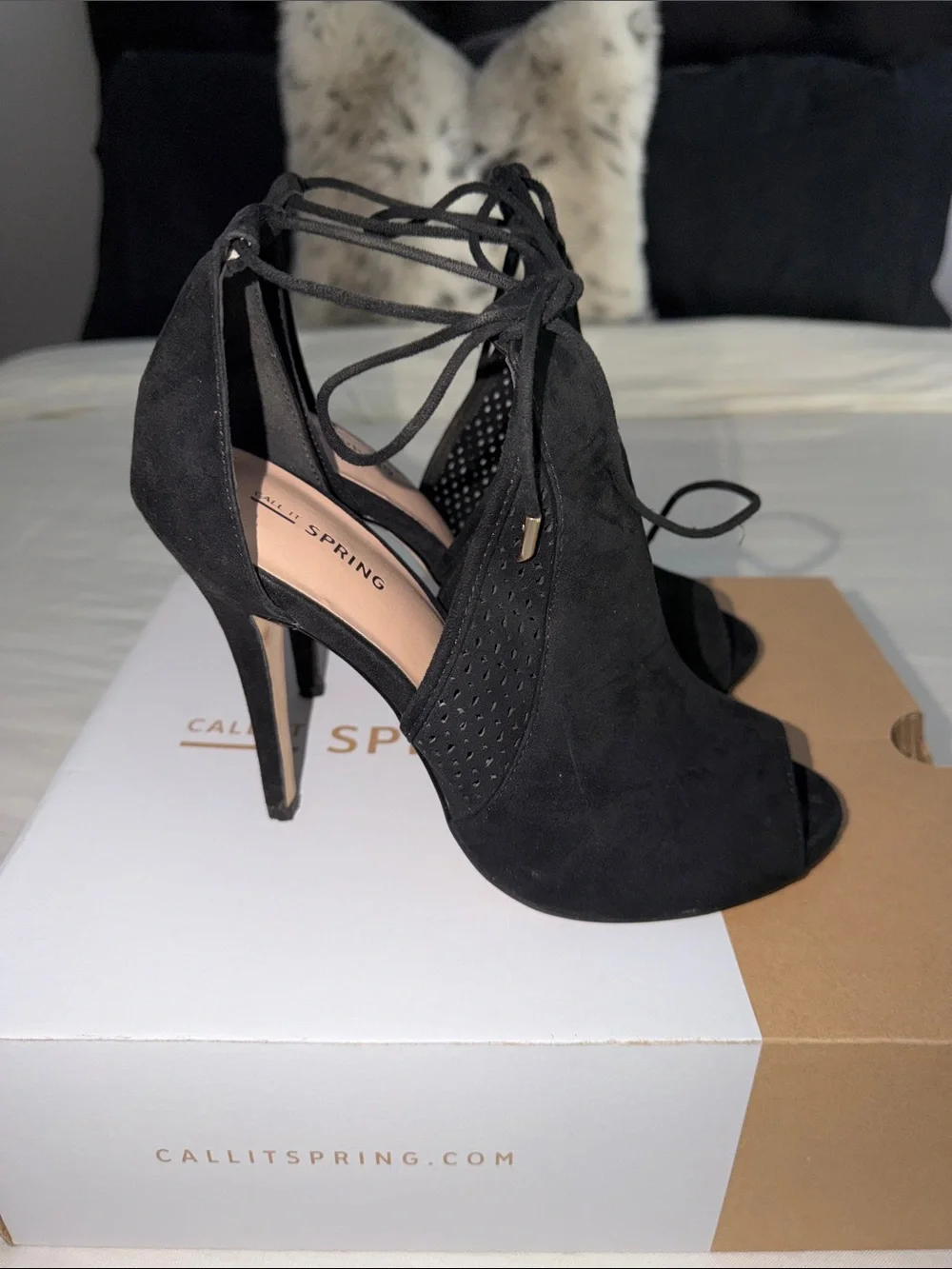 Call It Spring Black Lace-Up Peep-Toe Stiletto Heels